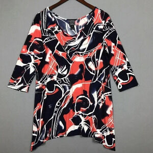 Clara Sun Woo Tunic Top Women Size Medium M Slinky Print 3/4 Sleeve Asymmetrical